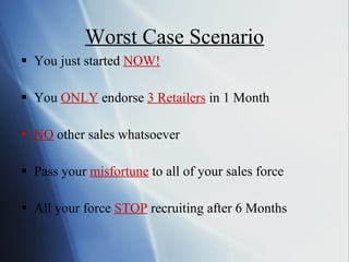 Worst Case Scenario You just started  NOW! You  ONLY  endorse  3 Retailers  in 1 Month NO  other sales whatsoever Pass your  misfortune  to all of your sales force All your force  STOP   recruiting after 6 Months 