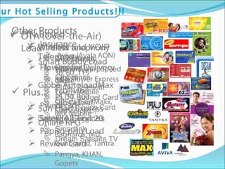Wireline and VOIP Telephony Digikard Globelines PLDT Telesulit PLDT Budget Card PLDT Touch Card Satellite Services Smartlink Dream Satellite TV Internet ISP Bonanza Infocom WarpSpeed Blast PLDT Vibe Others (SurfMaxx, Surfster, etc.) Online RPG Ragnarok, MU, Gunbound, Tantra Pangya, KHAN, Gopets PIN-Based Wireless telephony Smart Buddy Talk N’ Text Globe Touch Mobile Sun Cellular IMX Mobile OTA (Over-the-Air) Load Smart Buddy Load 30, 60, 115 Globe AutoloadMax 25, 50, 100 Sun Load Express 30, 60, 150 Other Products Insurance Aviva (Ayala AON) Flowers for Delivery LBC Flower Express Plus… Pwede 30 Smart All Text 20 Papiso-piso Load Review Card Our Hot Selling Products!!! 