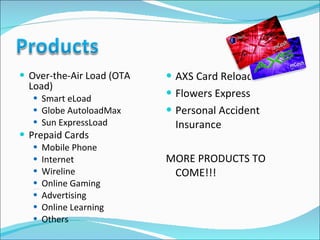 Over-the-Air Load (OTA Load) Smart eLoad Globe AutoloadMax Sun ExpressLoad Prepaid Cards Mobile Phone Internet Wireline Online Gaming Advertising Online Learning Others AXS Card Reload Flowers Express Personal Accident Insurance MORE PRODUCTS TO COME!!! 