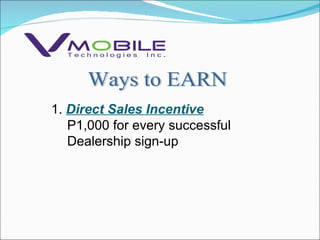 Ways to EARN 1.  Direct Sales Incentive P1,000 for every successful Dealership sign-up 