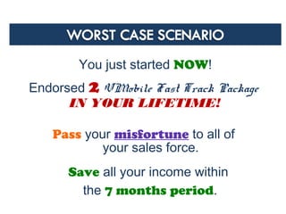 You just started NOW!
Worst Case Scenario
Endorsed 2 VMobile Fast Track Package
in 1 Month!
Pass your misfortune to all of
your sales force.
IN YOUR LIFETIME!
Save all your income within
the 7 months period.
 