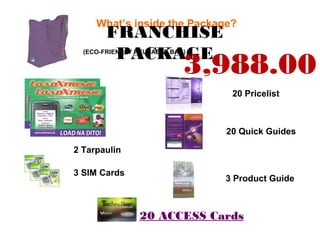 What’s inside the Package?
2 Tarpaulin
3 SIM Cards
20 Pricelist
20 Quick Guides
20 ACCESS Cards
FRANCHISE
PACKAGE
3 Product Guide
(ECO-FRIENDLY REUSABLE BAG)
3,988.00
 