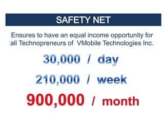 Ensures to have an equal income opportunity for
all Technopreneurs of VMobile Technologies Inc.
 