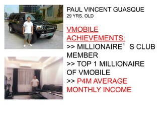 PAUL VINCENT GUASQUE
29 YRS. OLD


VMOBILE
ACHIEVEMENTS:
>> MILLIONAIRE’S CLUB
MEMBER
>> TOP 1 MILLIONAIRE
OF VMOBILE
>> P4M AVERAGE
MONTHLY INCOME
 