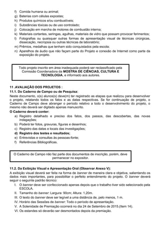 f) Comida humana ou animal;
g) Baterias com células expostas;
h) Produtos químicos e/ou combustíveis;
i) Substâncias tóxicas ou de uso controlado;
j) Colocação em marcha de motores de combustão interna;
k) Materiais cortantes, seringas, agulhas, materiais de vidro que possam provocar ferimentos;
l) Fotografias ou quaisquer outras formas de apresentação visual de técnicas cirúrgicas,
dissecação, necropsia ou outras técnicas de laboratório;
m) Prêmios, medalhas que tenham sido conquistados pela escola;
n) Aparelhos de áudio que não façam parte do Projeto e conexão de Internet como parte da
exposição do projeto.
11 .AVALIAÇÃO DOS PROJETOS :
11.1. Do Caderno de Campo ou de Pesquisa:
Neste documento, o(s) alunos(s) deve(m) ter registrado as etapas que realizou para desenvolver
o projeto, relatando todos os fatos e as datas respectivas. Se for continuação de projeto, o
Caderno de Campo deve abranger o período relativo a todo o desenvolvimento do projeto, o
mesmo não deverá ser digitado apenas manuscrito.
O Caderno deverá conter:
a) Registro detalhado e preciso dos fatos, dos passos, das descobertas, das novas
indagações;
b) Poderá ter fotos, gravuras, figuras e desenhos;
c) Registro das datas e locais das investigações;
d) Registro dos testes e resultados;
e) Entrevistas e consultas às pessoas-fonte;
f) Referências Bibliográficas.
11.2. Da Exibição Visual e Apresentação Oral (Observar Anexo V):
A exibição visual deverá ser feita na forma de banner de maneira clara e objetiva, salientando os
dados mais importantes, para possibilitar o perfeito entendimento do projeto. O banner deverá
seguir o seguinte padrão técnico:
I. O banner deve ser confeccionado apenas depois que o trabalho tiver sido selecionado pela
ESCOLA.
II. Tamanho do banner: Largura: 90cm; Altura: 1,20m.
III. O texto do banner deve ser legível a uma distância de, pelo menos, 1 m.
IV. Horário das Sessões de banner: Todo o período de apresentação.
V. A Solenidade de Premiação ocorrerá no dia 24 de Setembro de 2015.(Item 14).
VI. Os estandes só deverão ser desmontados depois da premiação.
Todo projeto inscrito em área inadequada poderá ser reclassificado pela
Comissão Coordenadora da MOSTRA DE CIÊNCIAS, CULTURA E
TECNOLOGIA, e informado aos autores.
O Caderno de Campo não faz parte dos documentos de inscrição, porém, deve
permanecer no expositor.
 