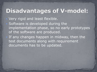  Very rigid and least flexible.
 Software is developed during the
implementation phase, so no early prototypes
of the software are produced.
 If any changes happen in midway, then the
test documents along with requirement
documents has to be updated.
 