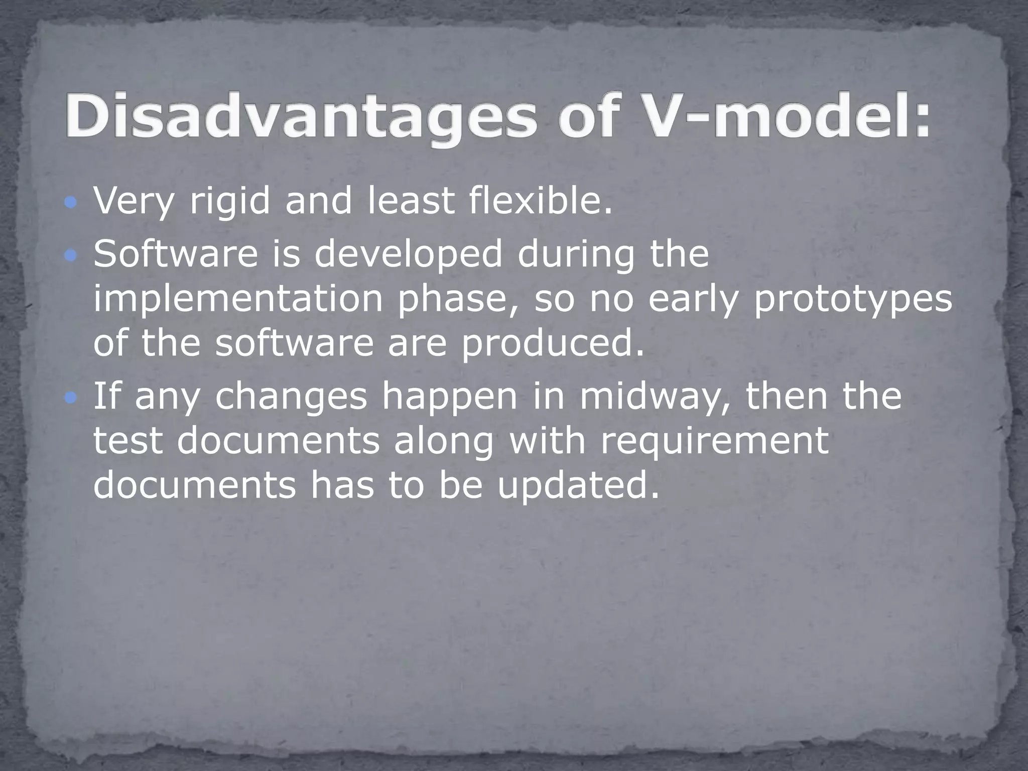  Very rigid and least flexible.
 Software is developed during the
implementation phase, so no early prototypes
of the software are produced.
 If any changes happen in midway, then the
test documents along with requirement
documents has to be updated.
 