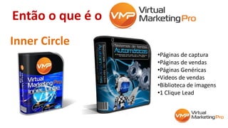 Então o que é o
Inner Circle
•Páginas de captura
•Páginas de vendas
•Páginas Genéricas
•Videos de vendas
•Biblioteca de imagens
•1 Clique Lead
 
