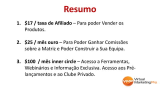 Resumo
1. $17 / taxa de Afiliado – Para poder Vender os
Produtos.
2. $25 / mês ouro – Para Poder Ganhar Comissões
sobre a Matriz e Poder Construir a Sua Equipa.
3. $100 / mês inner circle – Acesso a Ferramentas,
Webinários e Informação Exclusiva. Acesso aos Pré-
lançamentos e ao Clube Privado.
 