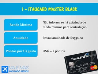 1 – ITAUCARD MASTER BLACK
Não informa se há exigência de
renda mínima para contratação
Renda Mínima
Anuidade
Pontos por U$ gasto
Possui anuidade de R$750,00
US$1 = 2 pontos
 