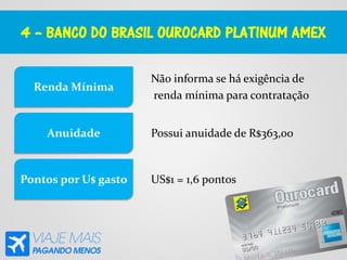 4 – BANCO DO BRASIL OUROCARD PLATINUM AMEX
Não informa se há exigência de
renda mínima para contratação
Renda Mínima
Anuidade
Pontos por U$ gasto
Possui anuidade de R$363,00
US$1 = 1,6 pontos
 