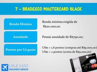 7 – BRADESCO MASTERCARD BLACK
Renda mínima exigida de
R$20.000,00
Renda Mínima
Anuidade
Pontos por U$ gasto
Possui anuidade de R$790,00;
US$1 = 1,8 pontos (compras até R$9.000,00)
US$1 = 2 pontos (acima de R$9.000,00)
 
