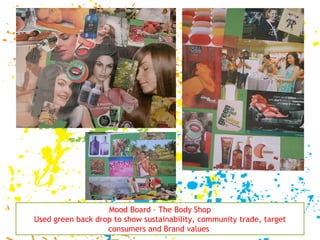 Mood Board – The Body Shop Used green back drop to show sustainability, community trade, target consumers and Brand values  