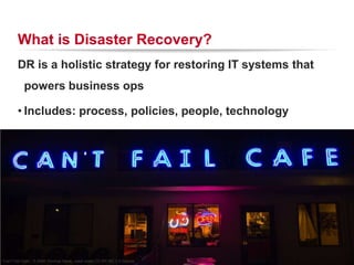 What is Disaster Recovery?
        DR is a holistic strategy for restoring IT systems that
           powers business ops

        • Includes: process, policies, people, technology




                                                                         RACKSPACE® HOSTING   |   WWW.RACKSPACE.COM
                                                                                                                      14


“Can’t Fail Cafe,” © 2006 Thomas Hawk, used under CC BY-NC 2.0 license
 
