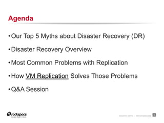 Agenda

• Our Top 5 Myths about Disaster Recovery (DR)

• Disaster Recovery Overview

• Most Common Problems with Replication

• How VM Replication Solves Those Problems

• Q&A Session


                                     RACKSPACE® HOSTING   |   WWW.RACKSPACE.COM
                                                                                  2
 