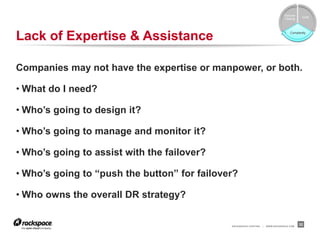 Failover
                                                                                              Cost
                                                                                  Testing




Lack of Expertise & Assistance                                                        Complexity




Companies may not have the expertise or manpower, or both.

• What do I need?

• Who’s going to design it?

• Who’s going to manage and monitor it?

• Who’s going to assist with the failover?

• Who’s going to “push the button” for failover?

• Who owns the overall DR strategy?


                                              RACKSPACE® HOSTING   |   WWW.RACKSPACE.COM
                                                                                             32
 