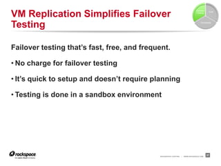 VM Replication Simplifies Failover
                                                                                 Failover
                                                                                             Cost
                                                                                 Testing




Testing                                                                              Complexity




Failover testing that’s fast, free, and frequent.

• No charge for failover testing

• It’s quick to setup and doesn’t require planning

• Testing is done in a sandbox environment




                                             RACKSPACE® HOSTING   |   WWW.RACKSPACE.COM
                                                                                            37
 