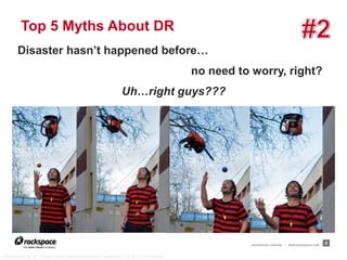 Top 5 Myths About DR
        Disaster hasn’t happened before…
                                                                                          no need to worry, right?
                                                                Uh…right guys???




                                                                                                     RACKSPACE® HOSTING   |   WWW.RACKSPACE.COM
                                                                                                                                                  5


“Palindrome Day 12,” © 2010 Daniel Stockman, evocateur, used under CC BY-SA 2.0 license
 