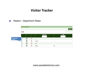 Masters – Department Master
Visitor Tracker
Department
details
www.saraelectronics.com
 
