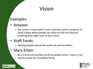 Vision 
Examples: 
• Amazon: 
– Our vision is to be earth's most customer centric company; to 
build a place where people can come to find and discover 
anything they might want to buy online. 
• Kraft Foods: 
– Helping people around the world eat and live better. 
• Mary Erlain: 
– Be a friend and confidant to those people whom I value in my 
world outside my immediate family. 
 