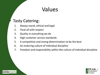 Values 
• Tasty Catering: 
1. Always moral, ethical and legal 
2. Treat all with respect 
3. Quality in everything we do 
4. High customer service standards 
5. A competitive and strong determination to be the best 
6. An enduring culture of individual discipline 
7. Freedom and responsibility within the culture of individual discipline 
 