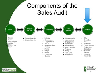Components of the 
Sales Audit 
Goals 
Steps of 
the Sale 
Marketing 
Sales 
People 
Systems 
 