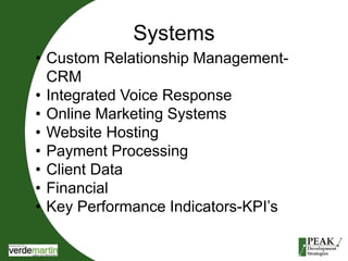 Systems 
• Custom Relationship Management- 
CRM 
• Integrated Voice Response 
• Online Marketing Systems 
• Website Hosting 
• Payment Processing 
• Client Data 
• Financial 
• Key Performance Indicators-KPI’s 
 
