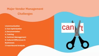 1.Communication
2. Cost Optimization
3. Documentation
4. Training
5. Contract Management
6. Cultural Differences in
Businesses
7.Track Record Analysis
Major Vendor Management
Challenges
 