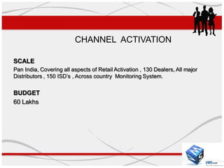 CHANNEL ACTIVATION

SCALE
Pan India, Covering all aspects of Retail Activation , 130 Dealers, All major
Distributors , 150 ISD’s , Across country Monitoring System.


BUDGET
60 Lakhs
 