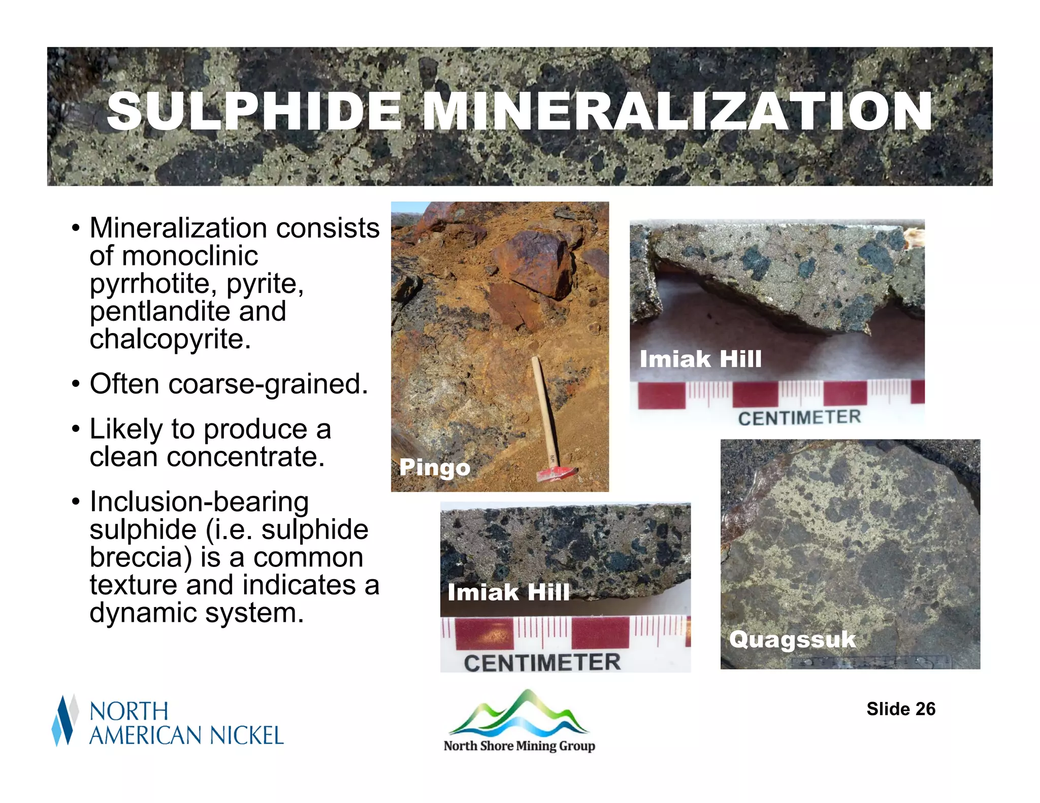 SULPHIDE MINERALIZATION

• Mineralization consists
  of monoclinic
  pyrrhotite, pyrite,
  pentlandite and
  chalcopyrite.
                                            Imiak Hill
• Often coarse-grained.
• Likely to produce a
  clean concentrate.        Pingo
• Inclusion-bearing
  sulphide (i.e. sulphide
  breccia) is a common
  texture and indicates a      Imiak Hill
  dynamic system.
                                                   Quagssuk

                                                              Slide 26
 