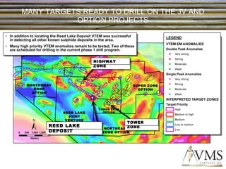 MANY TARGETS READY TO DRILL ON THE JV AND OPTION PROJECTS In addition to locating the Reed Lake Deposit VTEM was successful in detecting all other known sulphide deposits in the area. Many high priority VTEM anomalies remain to be tested. Two of these are scheduled for drilling in the current phase 1 drill program. REED LAKE JOINT VENTURE REED LAKE PROJECT NORTHWEST ZONE OPTION SUPER ZONE OPTION NORTHEAST ZONE OPTION TOWER ZONE OPTION REED LAKE DEPOSIT TOWER ZONE HIGHWAY ZONE 