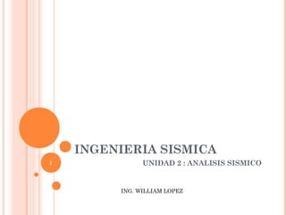 INGENIERIA SISMICA
UNIDAD 2 : ANALISIS SISMICO
ING. WILLIAM LOPEZ
1
 