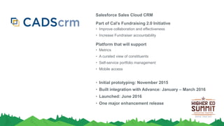 Salesforce Sales Cloud CRM
Part of Cal’s Fundraising 2.0 Initiative
• Improve collaboration and effectiveness
• Increase Fundraiser accountability
Platform that will support
• Metrics
• A curated view of constituents
• Self-service portfolio management
• Mobile access
• Initial prototyping: November 2015
• Built integration with Advance: January – March 2016
• Launched: June 2016
• One major enhancement release
 