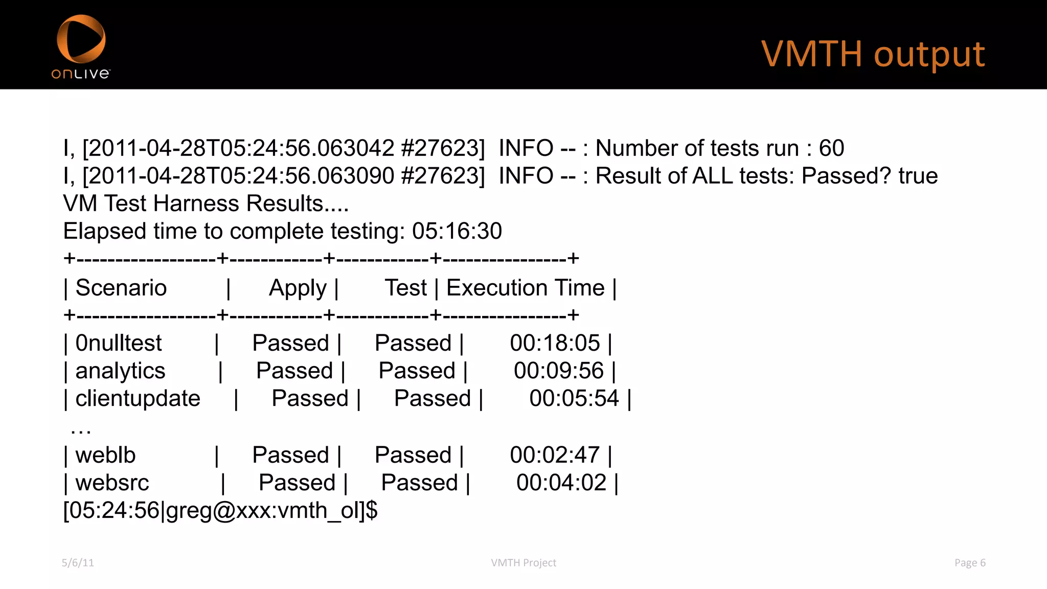 VMTH	
  output	
  

I, [2011-04-28T05:24:56.063042 #27623] INFO -- : Number of tests run : 60
I, [2011-04-28T05:24:56.063090 #27623] INFO -- : Result of ALL tests: Passed? true
VM Test Harness Results....
Elapsed time to complete testing: 05:16:30
+------------------+------------+------------+----------------+
| Scenario           |   Apply |       Test | Execution Time |
+------------------+------------+------------+----------------+
| 0nulltest        | Passed | Passed |                 00:18:05 |
| analytics         | Passed | Passed |                00:09:56 |
| clientupdate | Passed | Passed |                       00:05:54 |
 …
| weblb            | Passed | Passed |                 00:02:47 |
| websrc            | Passed | Passed |                 00:04:02 |
[05:24:56|greg@xxx:vmth_ol]$

5/6/11	
                                VMTH	
  Project	
                            Page	
  6	
  
 