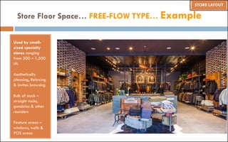 Store Floor Space… FREE-FLOW TYPE… Example
STORE LAYOUT
Used by small-
sized specialty
stores ranging
from 500 – 1,500
sft.
Aesthetically
pleasing, Relaxing
& invites browsing
Bulk of stock –
straight racks,
gondolas & other
rounders
Feature areas –
windows, walls &
POS areas
 
