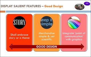 DISPLAY SALIENT FEATURES – Good Design
Shall embrace
story or a theme
Merchandise
simple & yet
scientific
Integrate ‘point of
communication’
with graphics
GOOD DESIGN
 