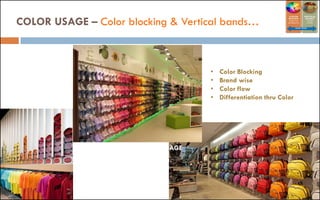 COLOR USAGE – Color blocking & Vertical bands…
COLOR USAGE
COLOR USAGE
• Color Blocking
• Brand wise
• Color flow
• Differentiation thru Color
 