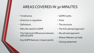 AREAS COVERED IN 30 MINUTES
• Timeframes
• Directive vs regulation
• Definitions
• Why the need for GDPR
• The high level ...