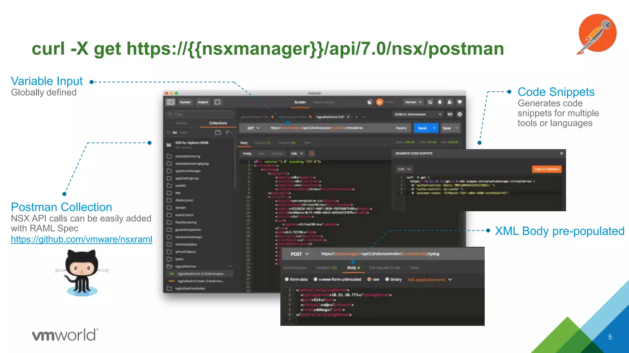 curl -X get https://{{nsxmanager}}/api/7.0/nsx/postman
5
Postman Collection
NSX API calls can be easily added
with RAML Spec
https://github.com/vmware/nsxraml
Variable Input
Globally defined
XML Body pre-populated
Code Snippets
Generates code
snippets for multiple
tools or languages
 