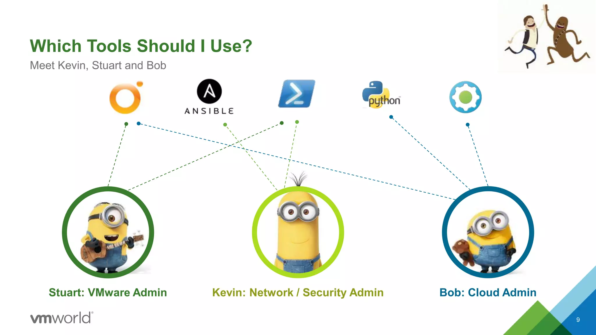Which Tools Should I Use?
9
Meet Kevin, Stuart and Bob
Bob: Cloud AdminKevin: Network / Security AdminStuart: VMware Admin
 