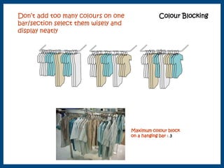 Don’t add too many colours on one 
bar/section select them wisely and 
display neatly 
Colour Blocking 
Maximum colour block 
on a hanging bar : 3 
 