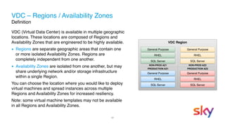17
VDC – Regions / Availability Zones 
Definition
VDC (Virtual Data Center) is available in multiple geographic
locations. These locations are composed of Regions and
Availability Zones that are engineered to be highly available.
▪ Regions are separate geographic areas that contain one
or more isolated Availability Zones. Regions are
completely independent from one another.
▪ Availability Zones are isolated from one another, but may
share underlying network and/or storage infrastructure
within a single Region.
You can choose the location where you would like to deploy
virtual machines and spread instances across multiple
Regions and Availability Zones for increased resiliency.
Note: some virtual machine templates may not be available
in all Regions and Availability Zones.
VDC Region
General Purpose
RHEL
SQL Server
General Purpose
RHEL
SQL Server
General Purpose
RHEL
SQL Server
General Purpose
RHEL
SQL Server
PRODUCTION AZ1 PRODUCTION AZ2
NON-PROD AZ1 NON-PROD AZ2
 
