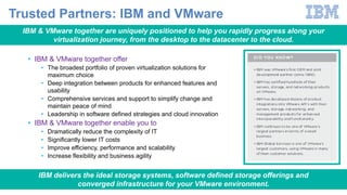 Trusted Partners: IBM and VMware
• IBM & VMware together offer
• The broadest portfolio of proven virtualization solutions for
maximum choice
• Deep integration between products for enhanced features and
usability
• Comprehensive services and support to simplify change and
maintain peace of mind
• Leadership in software defined strategies and cloud innovation
• IBM & VMware together enable you to
• Dramatically reduce the complexity of IT
• Significantly lower IT costs
• Improve efficiency, performance and scalability
• Increase flexibility and business agility
IBM & VMware together are uniquely positioned to help you rapidly progress along your
virtualization journey, from the desktop to the datacenter to the cloud.
IBM delivers the ideal storage systems, software defined storage offerings and
converged infrastructure for your VMware environment.
 