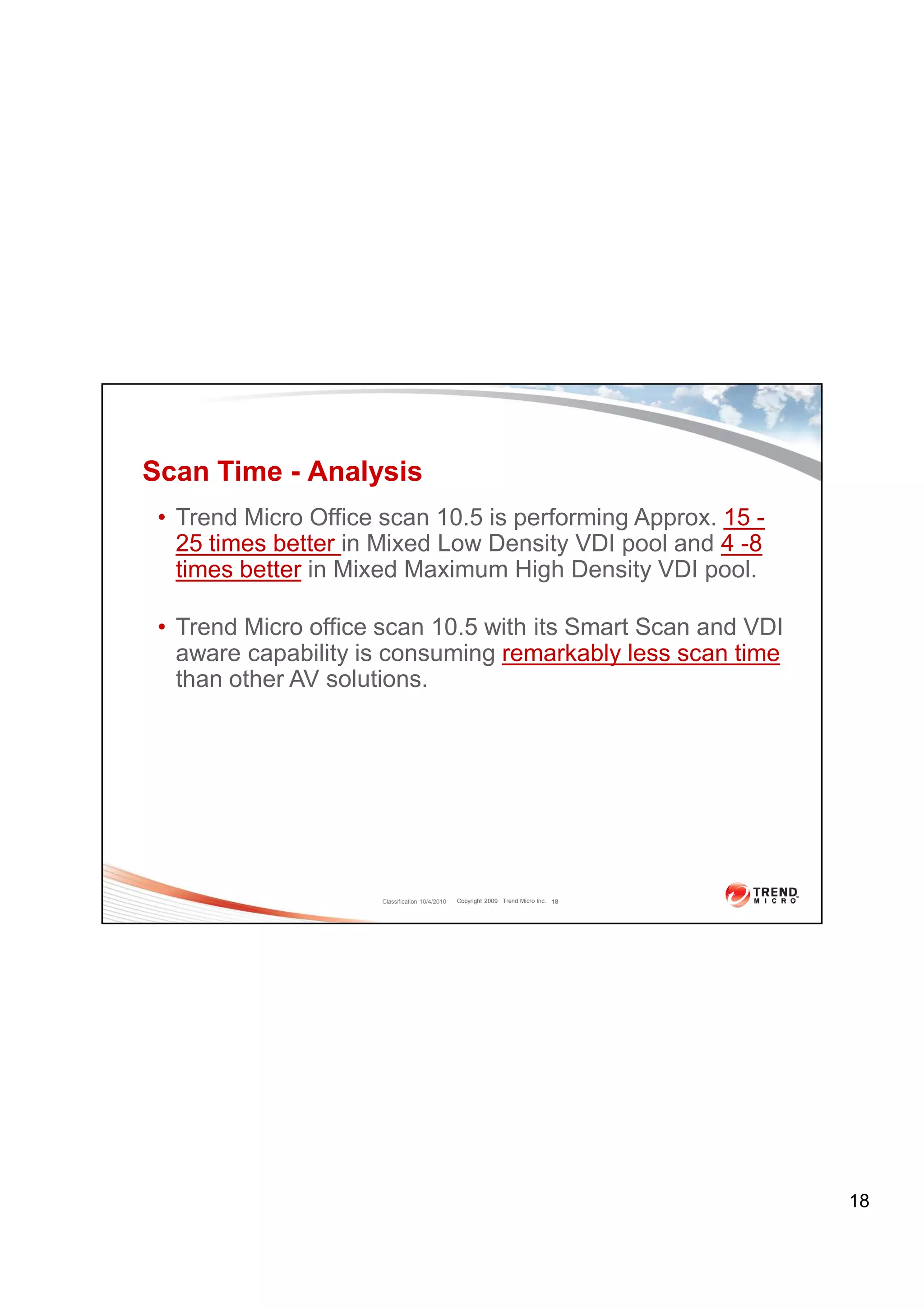 Scan Time - Analysis
 • Trend Micro Office scan 10.5 is performing Approx. 15 -
   25 times better in Mixed Low Density VDI pool and 4 -8
   times better in Mixed Maximum High Density VDI pool.

 • Trend Micro office scan 10.5 with its Smart Scan and VDI
   aware capability is consuming remarkably less scan time
   than other AV solutions.




                      Classification 10/4/2010   Copyright 2009 Trend Micro Inc. 18




                                                                                      18
 