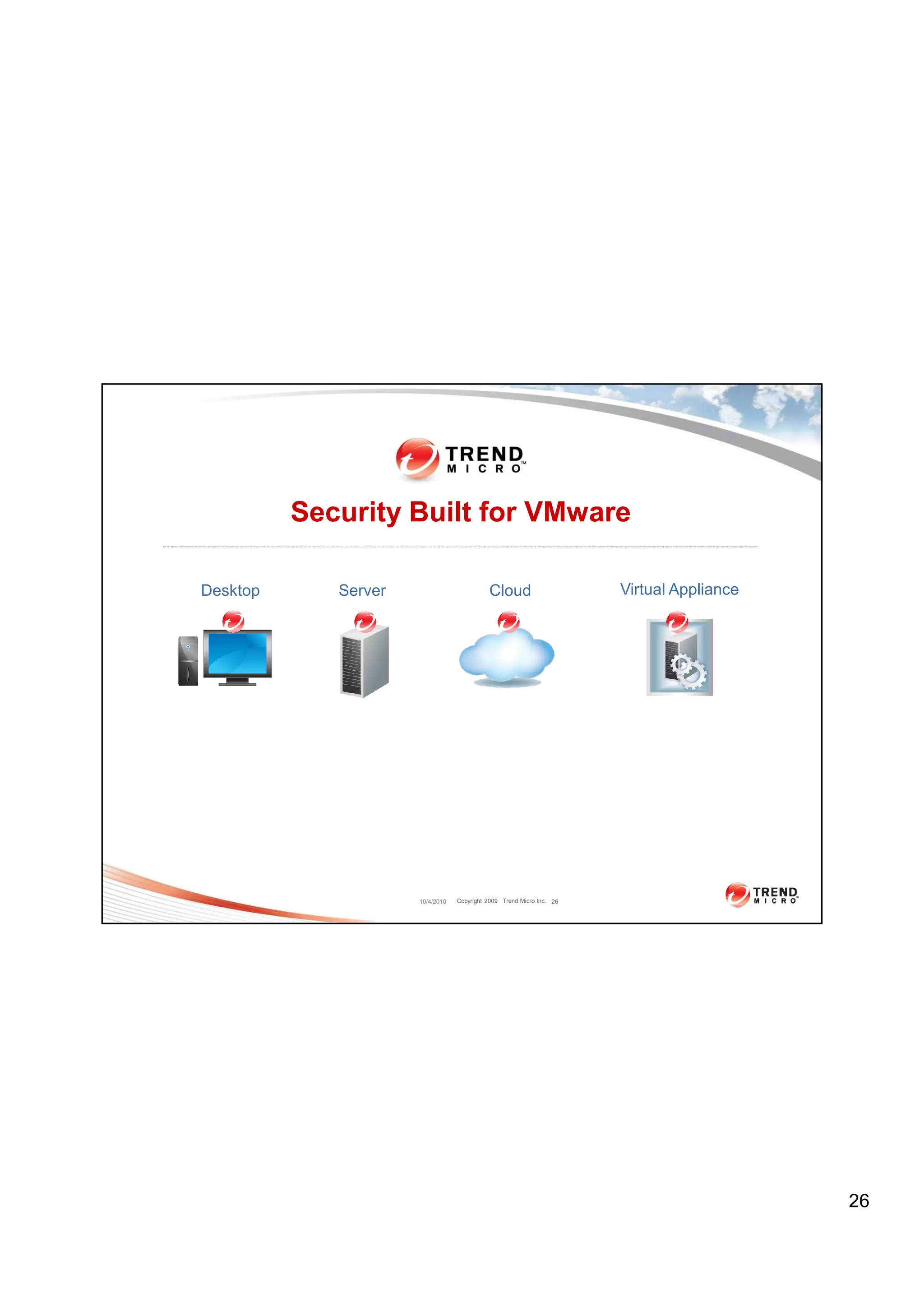 Security Built for VMware

Desktop      Server                         Cloud                      Virtual Appliance




                      10/4/2010   Copyright 2009 Trend Micro Inc. 26




                                                                                           26
 