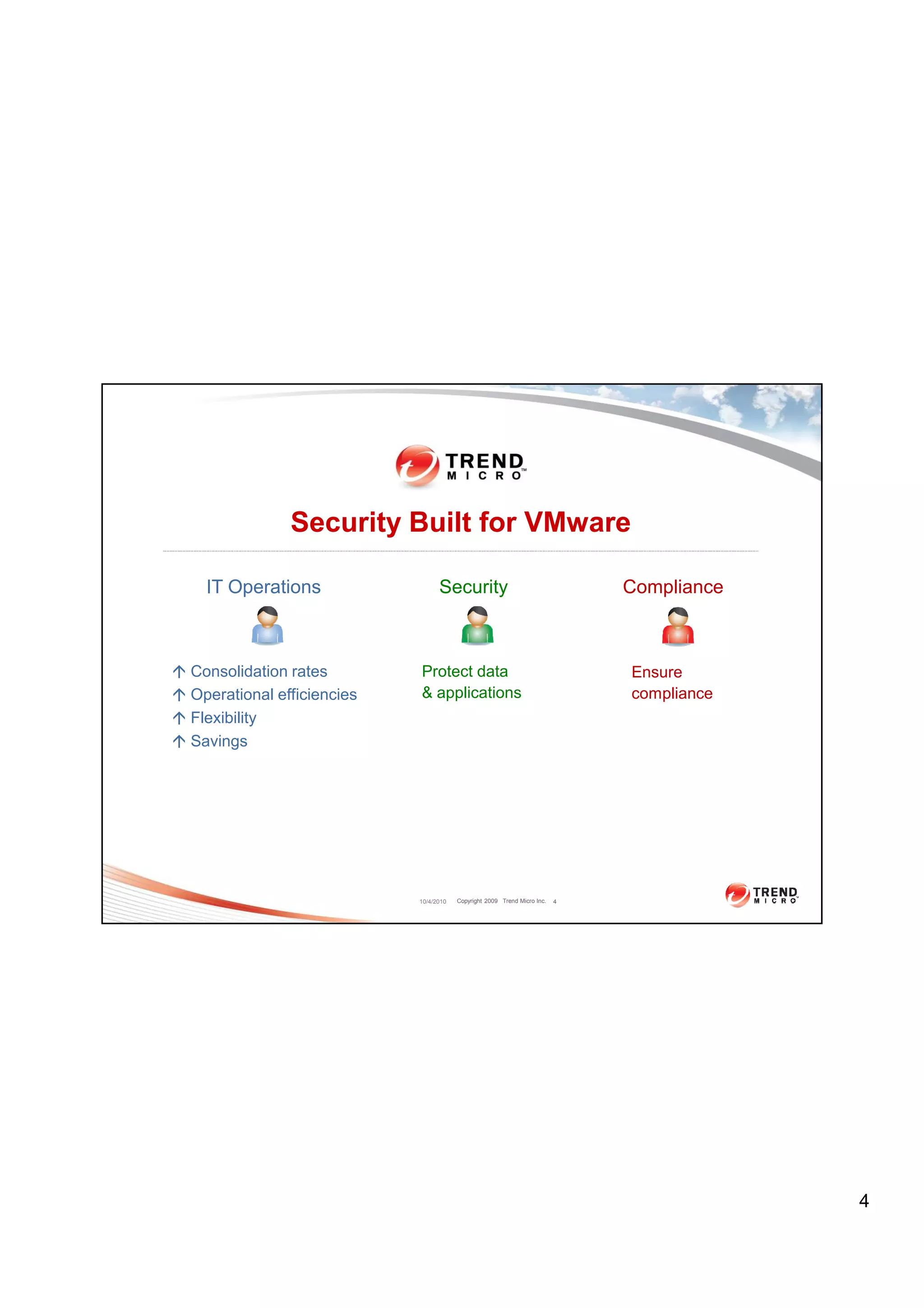 Security Built for VMware

  IT Operations                  Security                                    Compliance



Consolidation rates        Protect data                                      Ensure
Operational efficiencies   & applications                                    compliance
Flexibility
Savings




                           10/4/2010   Copyright 2009 Trend Micro Inc.   4




                                                                                          4
 