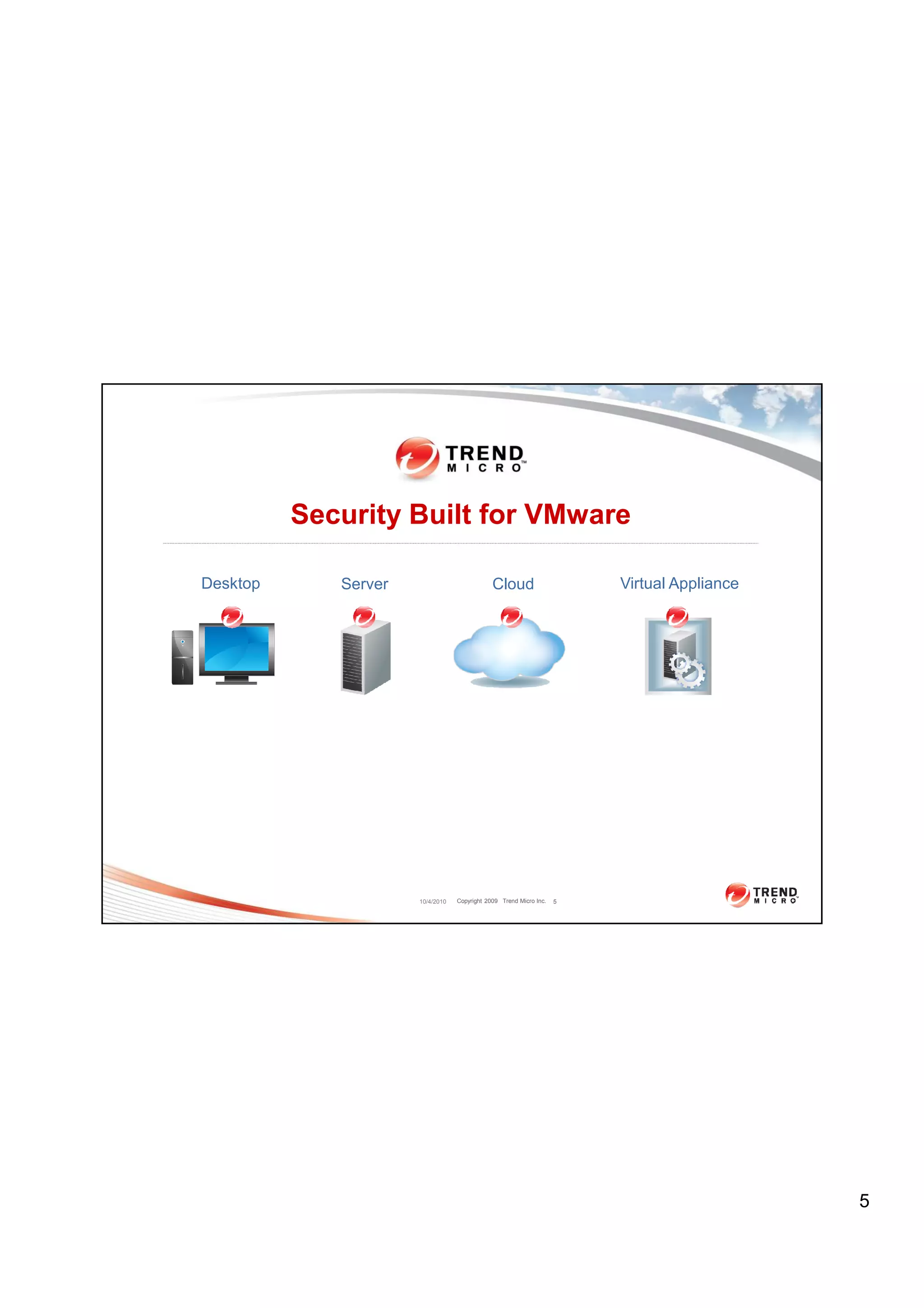 Security Built for VMware

Desktop      Server                           Cloud                     Virtual Appliance




                      10/4/2010   Copyright 2009 Trend Micro Inc.   5




                                                                                            5
 