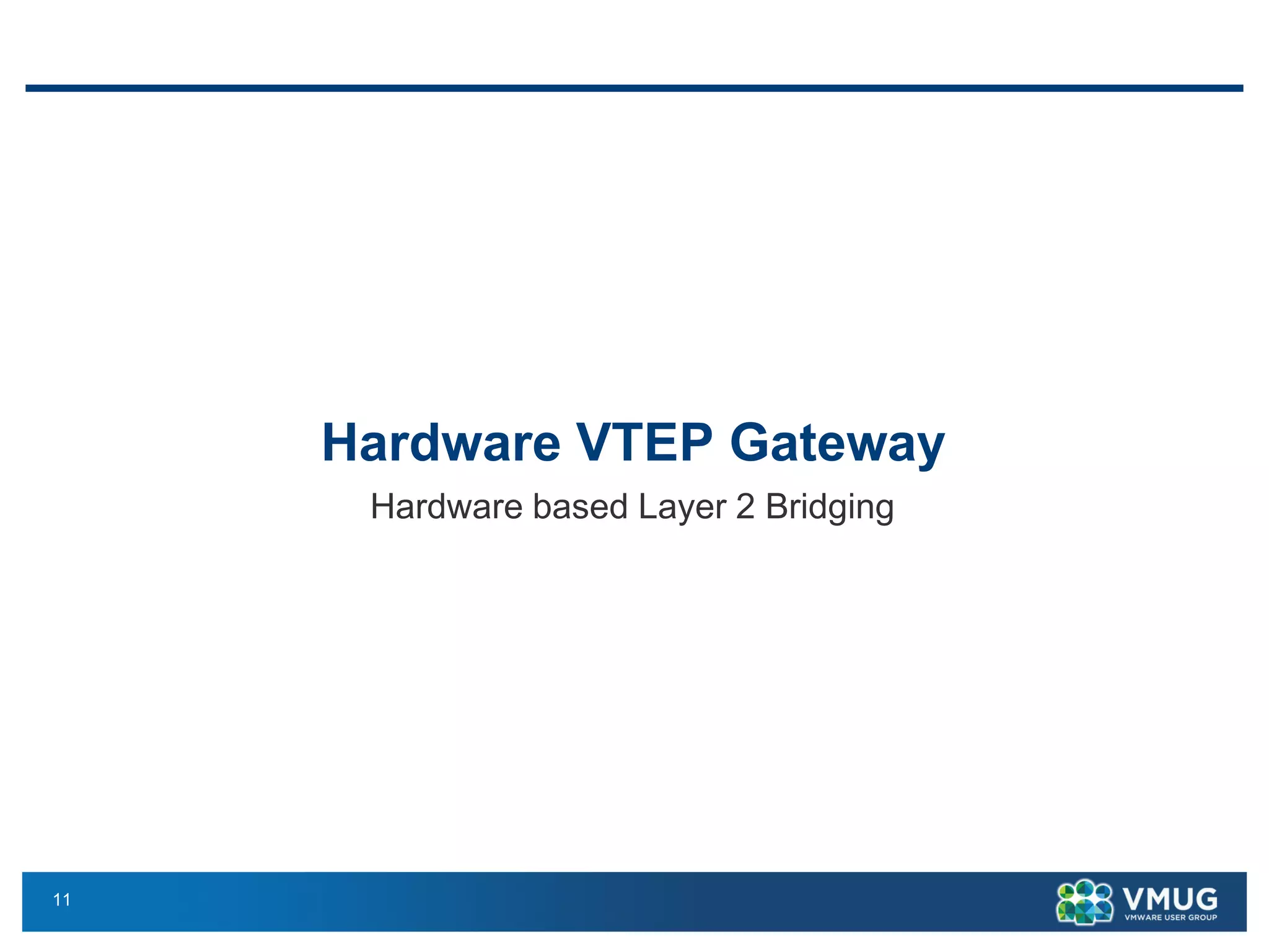 11
Hardware VTEP Gateway
Hardware based Layer 2 Bridging
 