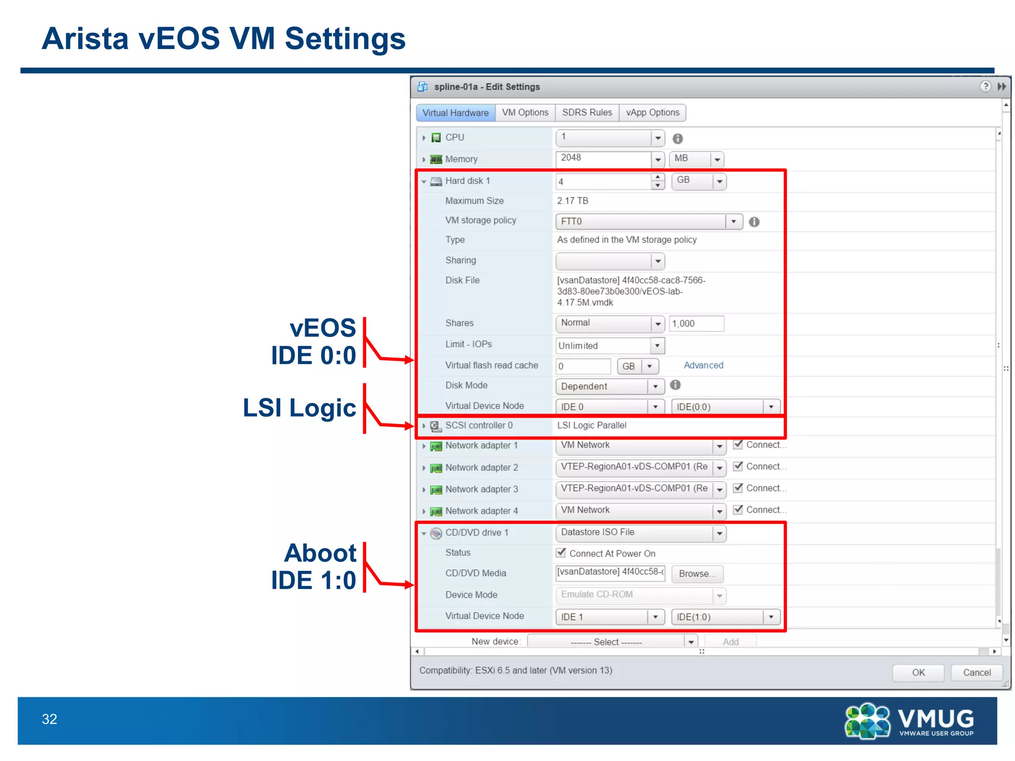 32
Arista vEOS VM Settings
vEOS
IDE 0:0
LSI Logic
Aboot
IDE 1:0
 