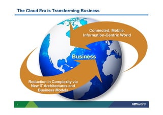 The Cloud Era is Transforming Business



                                       Connected, Mobile,
                                   Information-Centric World




                            Business



     Reduction in Complexity via
      New IT Architectures and
         Business Models


2
 